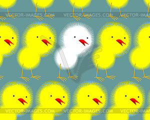 Yellow Chickens stand in row and among them one - vector clip art