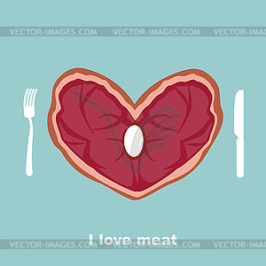 I love meat. Heart steak. Cutlery: fork and knife. - vector image