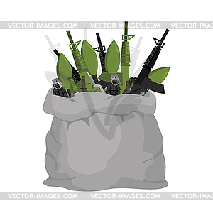 Bag weapon. Ammo in large gray bag. Assault rifles - vector image