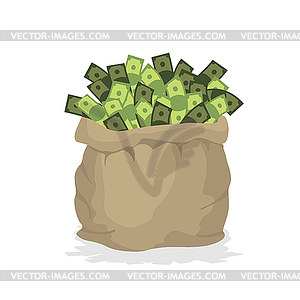 Bag money. Large burlap sack with cash. Dollars in - vector image