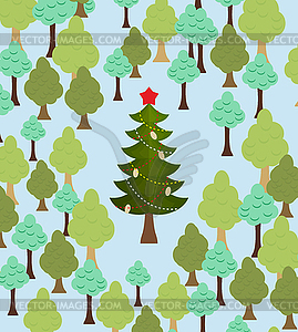 Christmas tree in forest. Greeting card for - vector clip art