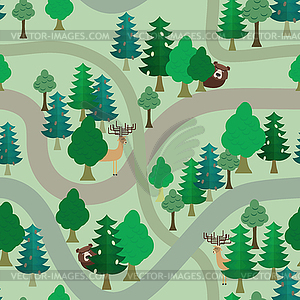 Forest seamless pattern. Bear and deer among - vector image