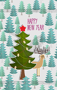 Christmas tree in forest and Deer. Greeting card fo - vector clipart