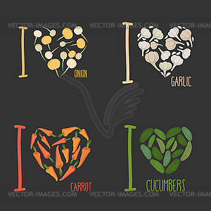 Set: I love vegetables: carrots and garlic. Symbol - vector clip art