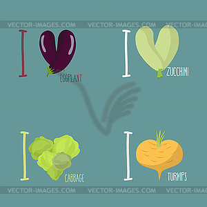 Collection of vegetables. Set of I love eggplant, - vector clip art