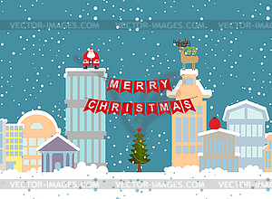 Christmas winter city and garland. Background fo - vector clip art