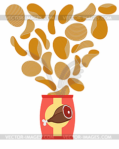 Potato chips taste of smoked ham, meat on bone. - vector clip art