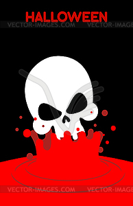 Skull falls into blood. Splashes of red blood. - vector image