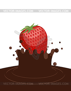 Red ripe strawberry drops in liquid hot chocolate. - vector clipart