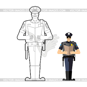 Милиционер книжка-раскраска. Сотрудник полиции на работе. - иллюстрация в векторном формате