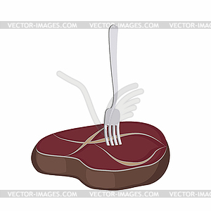Сочный стейк. кусок жареного мяса на вилке на белом - векторный рисунок