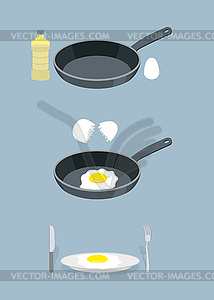 Manual cooking scrambled eggs. Fry omelette. - vector image