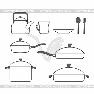 Set of dishes. Kitchen utensils of lines - vector clip art