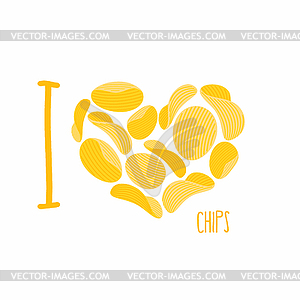 Я люблю чипсы. Символ сердца картофельные чипсы. Сковороды - векторное изображение клипарта
