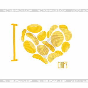 I love chips. Symbol heart of potato chips. Frying - vector image