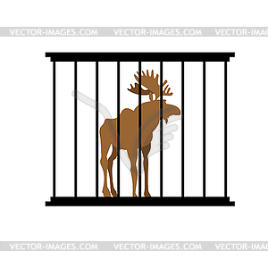 Deer in cage. Animal in Zoo behind bars. Elk with - vector image