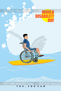 World Disabilities day. Man in wheelchair floats - vector clipart