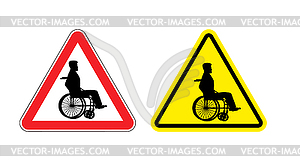 Внимание отключены на инвалидной коляске. Предупреждение знак Abou - цветной векторный клипарт