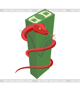 Red Snake encircles large pile of money. Cobra and - vector clipart