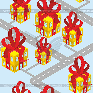 City presents seamless pattern. Building of gift bo - vector image