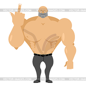 Strong man in jeans with big muscles shows fuck. - vector EPS clipart