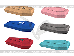 Set colored coffins. accessories for buri - vector image