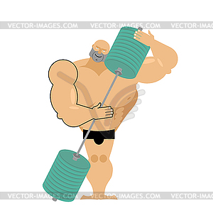 Bodybuilder loves barbell. Athlete hugs sports - vector image