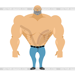 Strong man bare-chested in blue jeans. Athletic bod - vector image