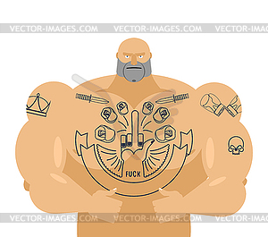 Man tattoos fuck. Bandit with big muscles. - vector clipart