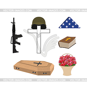 Set for burial of soldier. Military funerals. Helme - vector clip art