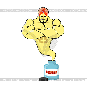 Protein strong Genie. Genie departs of banks with - vector image