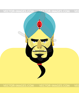 Angry Sheikh turban. Emir with beard. Blue turban i - vector image