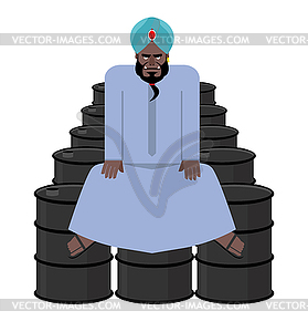 Sheikh sits on barrels of oil. Wealth of Sultan. - vector clipart