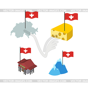 Set icons Switzerland. Map and cheese, Bank and - vector clipart