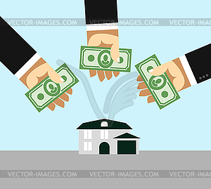 Arms and money. Buying House. Selling home. Busines - vector image