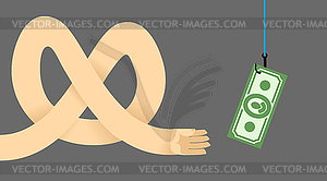 Long arm, money on hook. Cheating - vector image