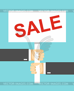 Hands holding sign. Sale - vector image