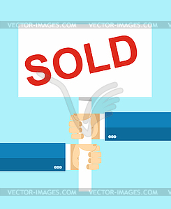Hands holding sign. Sold text - vector clipart