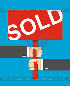 Hands holding sign. Sold text - vector clipart
