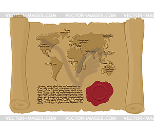 Map world of ancient scroll with seal of King. Old - vector clip art