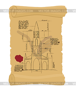 Berne Cathedral on old paper Scheme. Ancient scroll - vector clipart