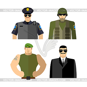 Set of men in work clothes. Police and military. - vector clipart
