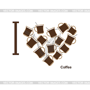 Я люблю кофе. Символ сердца чашек горячего кофе. - изображение в векторном формате