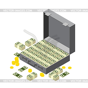 Suitcase of money, wads of dollars and coins. In - vector clip art