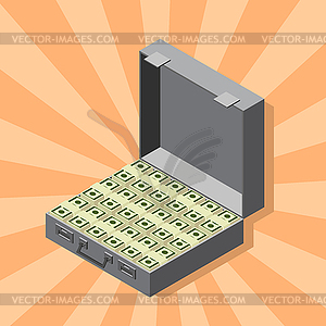 Suitcase of money, wads of dollars, isometric style - vector clipart