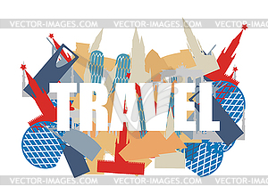 Travel. Text on background silhouettes attractions - vector image