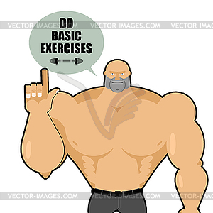 Big strong man raised his finger up. Bodybuilder - vector image