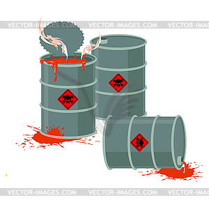 Barrels of Red acid. Hazardous chemical waste. - vector image