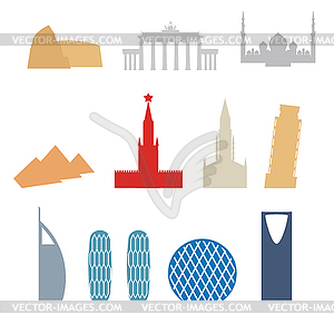 Set of flat buildings icons countries. Attraction o - vector clipart