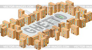 Ghetto district. Building in form of letters. - vector clipart